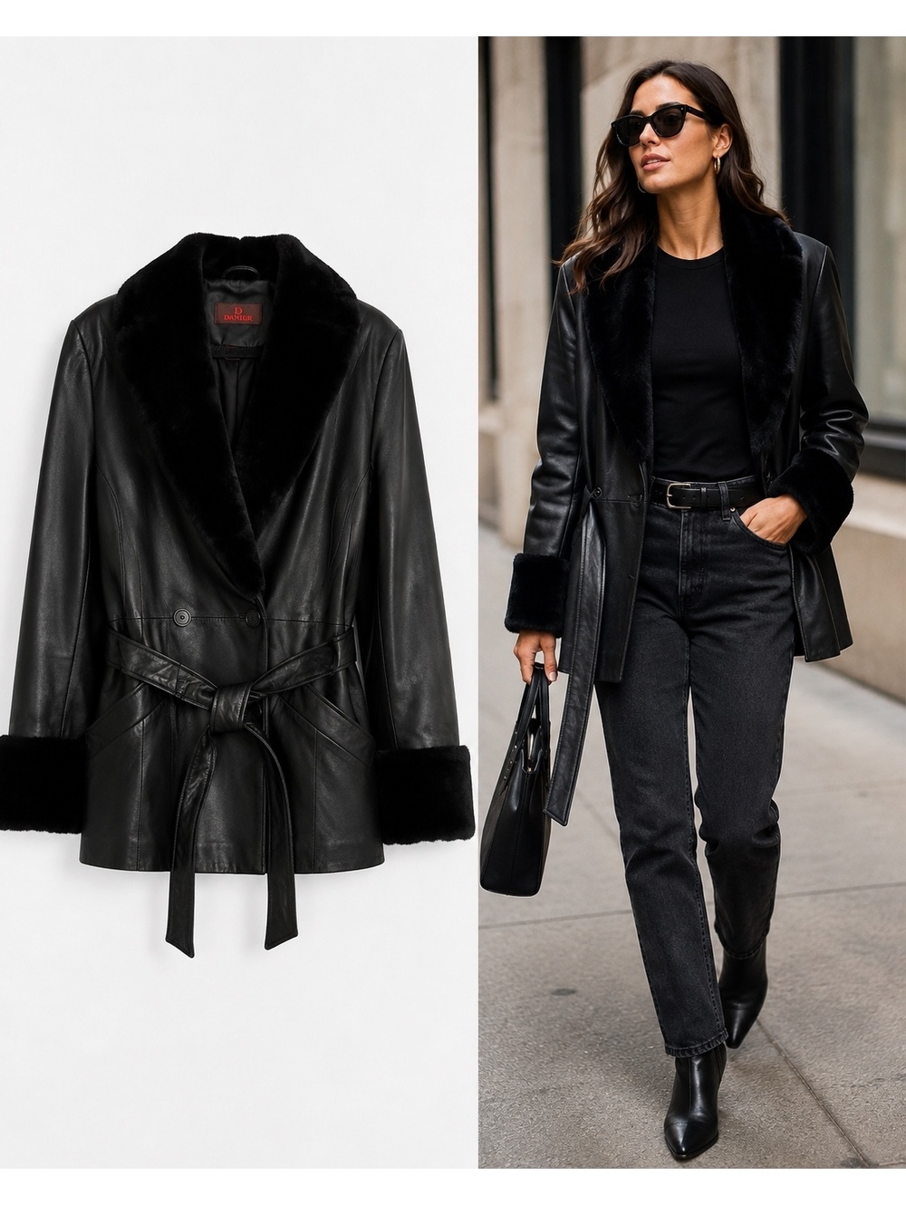 Vintage Black Leather Coat Faux Fur Trim Belted Jacket Women's Small
